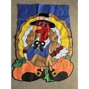 Thanksgiving‎ Turkey & Pumpkin Fall Banner/Flag Embroidered Double Sided 28"x38"